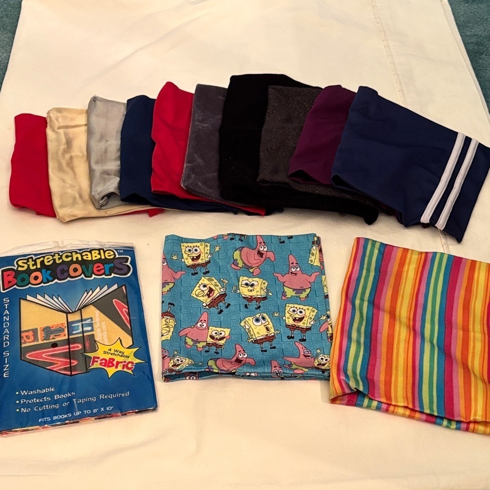 Colorful Stretchable Book Covers Set. SpongeBob, Striped, Satin, Velvet